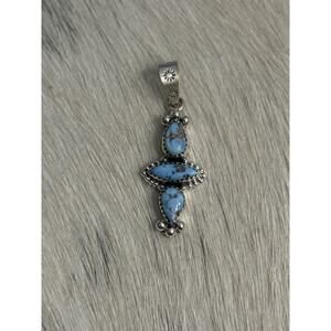 Sterling Silver Triple Blue Golden Hills Turquoise 3 Stone Pendant 925 Stamped